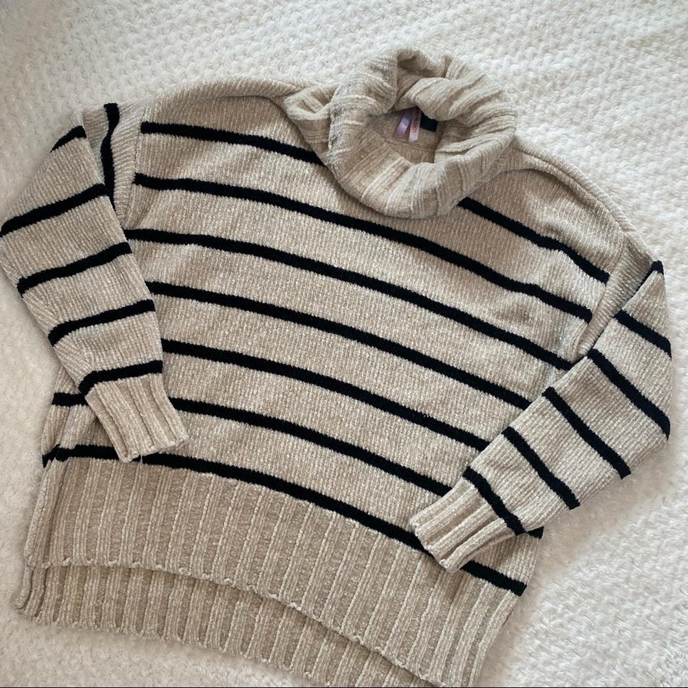 TAN and black striped cowl neck sweater.